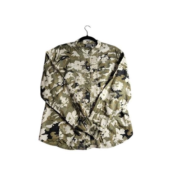 Chico's Blouse Embroiderd Women's Large Long Sleeve  Camo Green Top - Picture 1 of 12